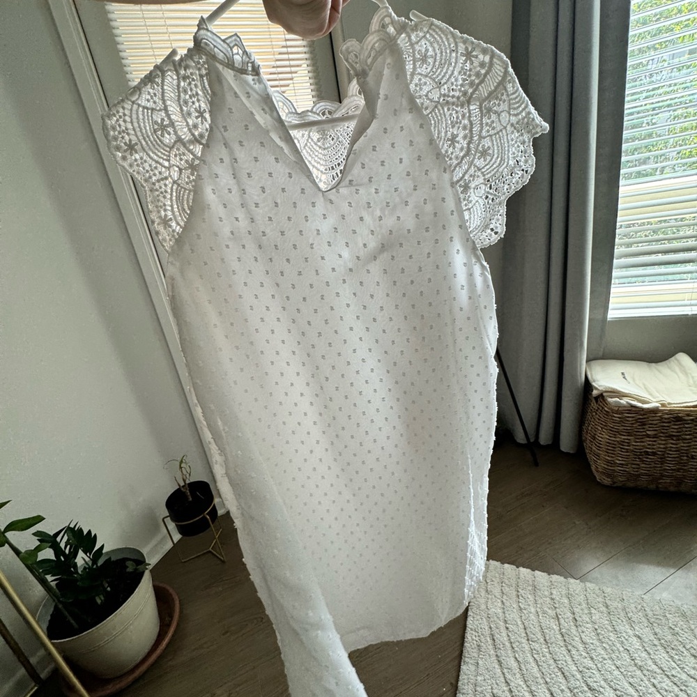 High collar white lace dress